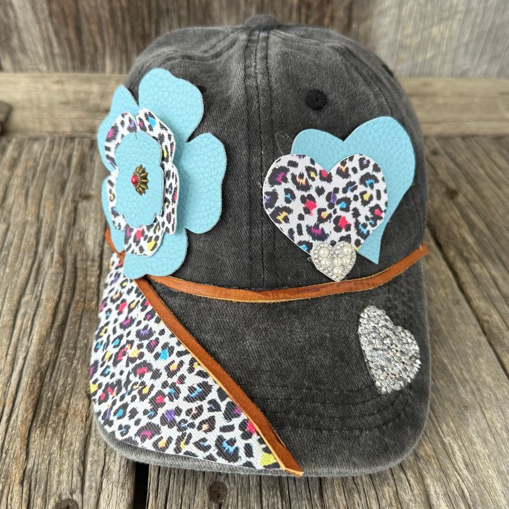 Distressed black trucker Hat Cap Faux Cheetah animal print Leather Flower heart